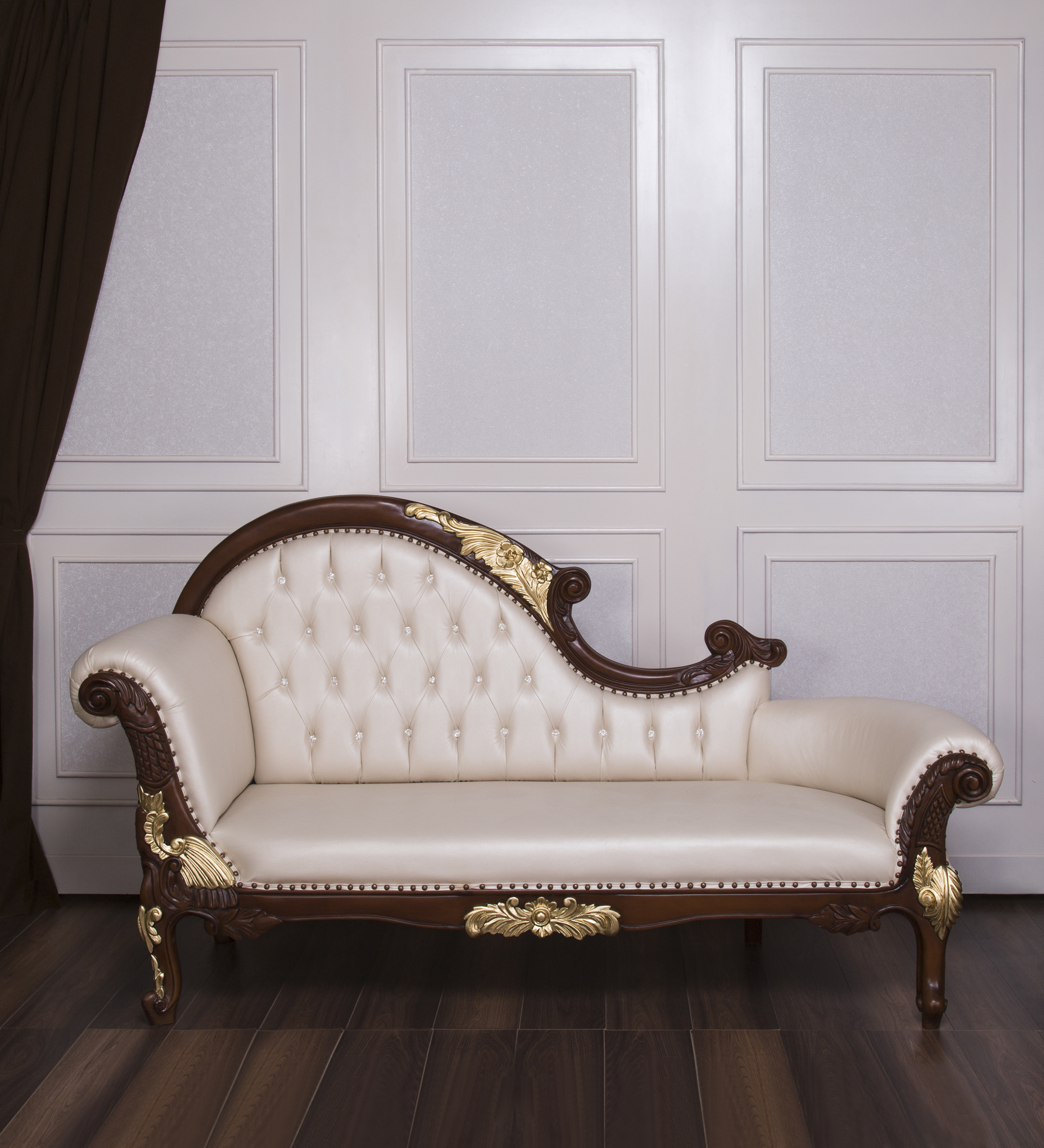Dark Wood with Gold Details & Champagne Leather Nefertiti Chaise Lounge
